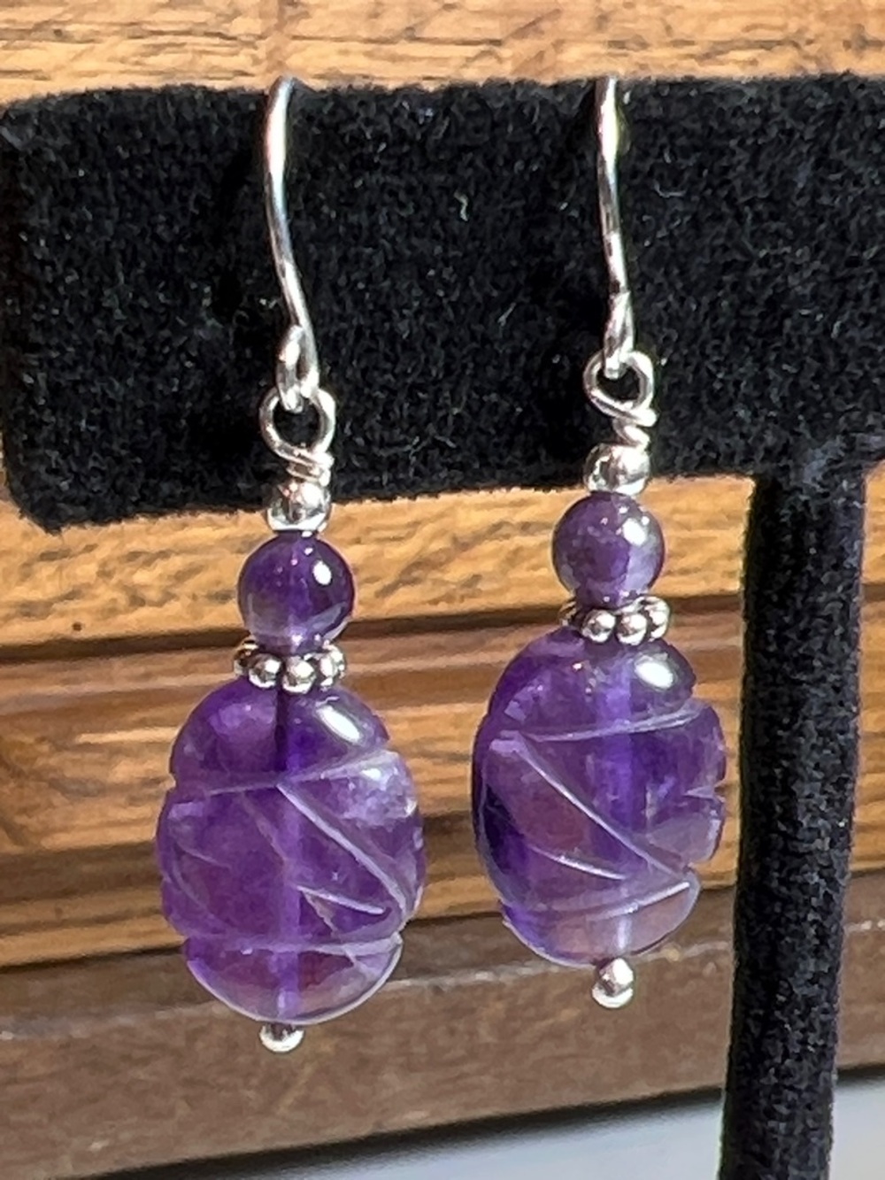 NEW Sterling silver amethyst gemstone scarab cut dangle earrings